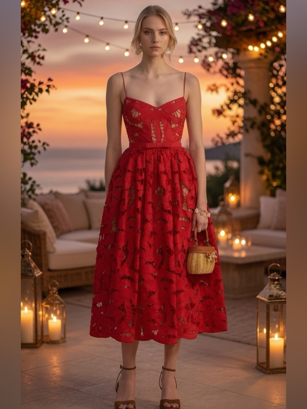Self-Portrait Red Lace Midi Dress with Spaghetti Straps US 6